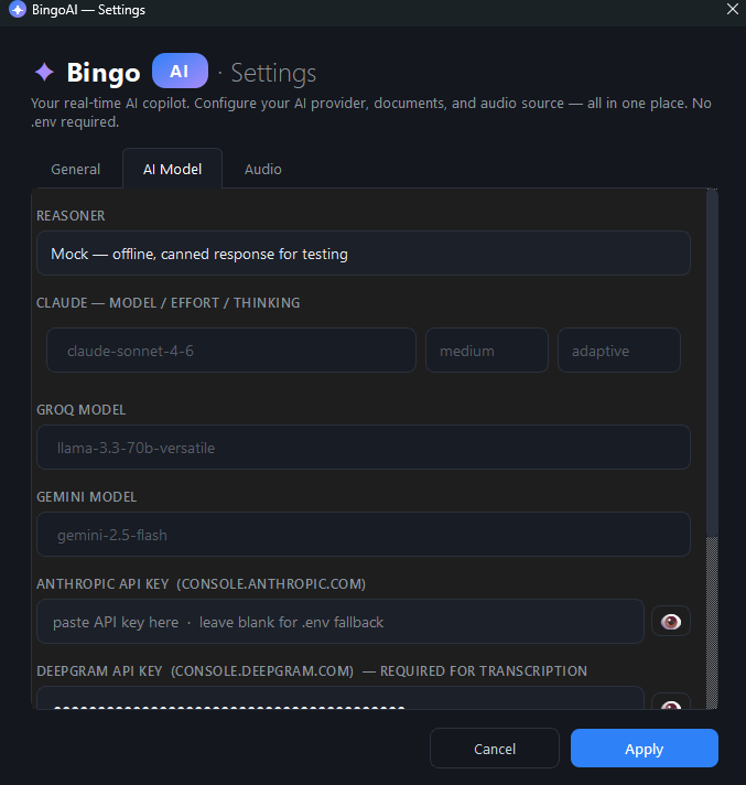 ChatBot AI model settings